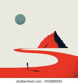 Business career ambition vector concept. Woman looking at mountain, symbol of growth. Minimal illustration art. Eps10 design.