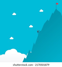 Business career ambition vector concept. Woman looking at mountain symbol of growth. Minimal illustration art. Eps10 design.