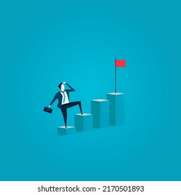 Business career ambition vector concept. Woman looking at mountain symbol of growth. Minimal illustration art. Eps10 design.