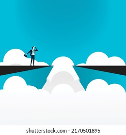 Business career ambition vector concept. Woman looking at mountain symbol of growth. Minimal illustration art. Eps10 design.