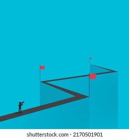 Business career ambition vector concept. Woman looking at mountain symbol of growth. Minimal illustration art. Eps10 design.