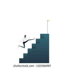 Business career ambitions and aspirations vector concept. Woman running up stairs. Symbol of professional growth, development, progress and promotion. Eps10 vector illustration.