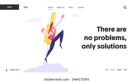 Business Career Boost, Start Up and Growth Website Landing Page, Businessman Flying Off with Jet Pack. Office Worker with Rocket Take Off the Ground. Web Page. Cartoon Flat Vector Illustration, Banner