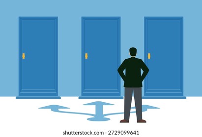 La elección de la carrera empresarial y la decisión entre las tres puertas de la oportunidad - Vista posterior de un hombre asiático