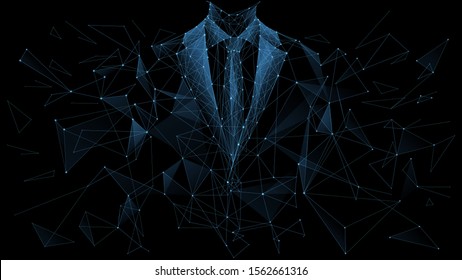 Business career collapse concept. A young man in a suit is breaking into parts isolated on a black background. Low poly wireframe vector illustration. Work failure. 