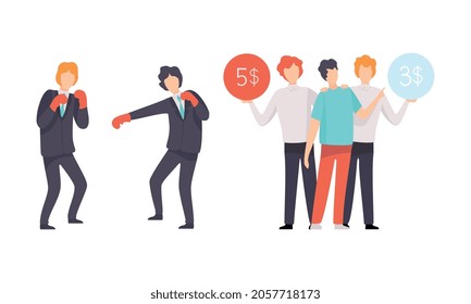 Business and Career Competition with Man Office Worker Having Rivalry in Boxing Gloves Vector Set