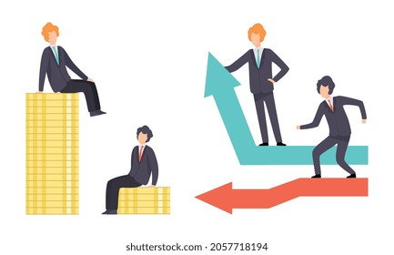Business and Career Competition with Man Office Worker Having Rivalry Moving Up and Down Sitting on Top of Coin Pile Vector Set