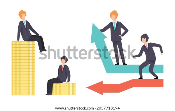 Business and Career Competition with Man Office\
Worker Having Rivalry Moving Up and Down Sitting on Top of Coin\
Pile Vector Set