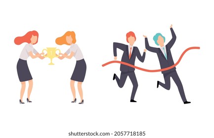Business and Career Competition with Man and Woman Office Worker Having Rivalry Running Marathon and Winning Cup Vector Set