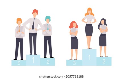 Business and Career Competition with Man and Woman Office Worker Having Rivalry Standing on Pedestal Vector Set