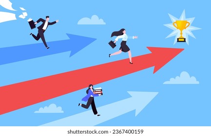 Business career competition with man and woman business persons running flat style design vector illustration concept. Leadership race employee competition with achieving success award.