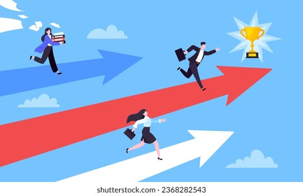 Business career competition with man and woman business persons running flat style design vector illustration concept. Leadership race employee competition with achieving success award.