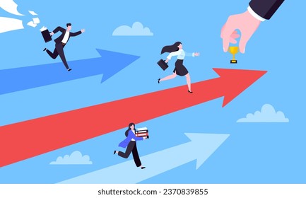 Business career competition with man and woman business persons running flat style design vector illustration concept. Leadership race employee competition with achieving success award.