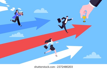 Business career competition with man and woman business persons running flat style design vector illustration concept. Leadership race employee competition with achieving success award.