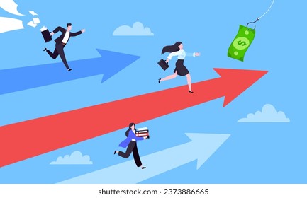 Business career competition with man and woman business persons running flat style design vector illustration concept. Leadership race employee competition with achieving success award.