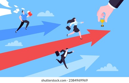 Business career competition with man and woman business persons running flat style design vector illustration concept. Leadership race employee competition with achieving success award.