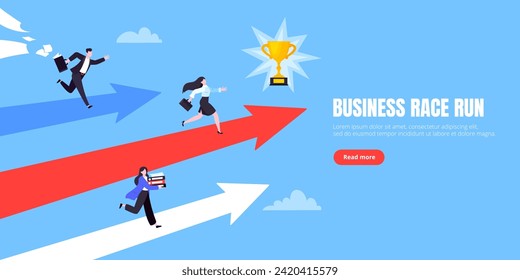 Business career competition with man and woman business persons running flat style design vector illustration concept. Leadership race employee competition with achieving success award.