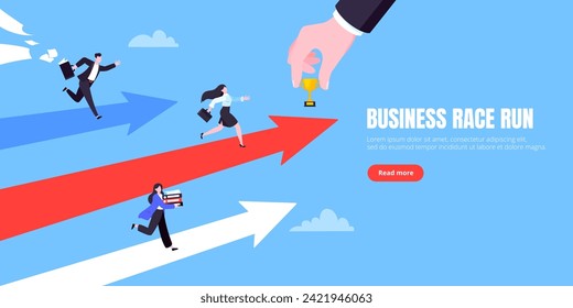 Business career competition with man and woman business persons running flat style design vector illustration concept. Leadership race employee competition with achieving success award.