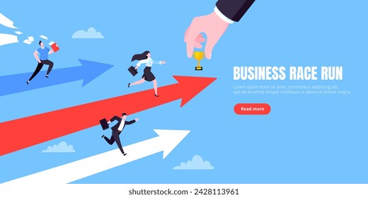 Business career competition with man and woman business persons running flat style design vector illustration concept. Leadership race employee competition with achieving success award.