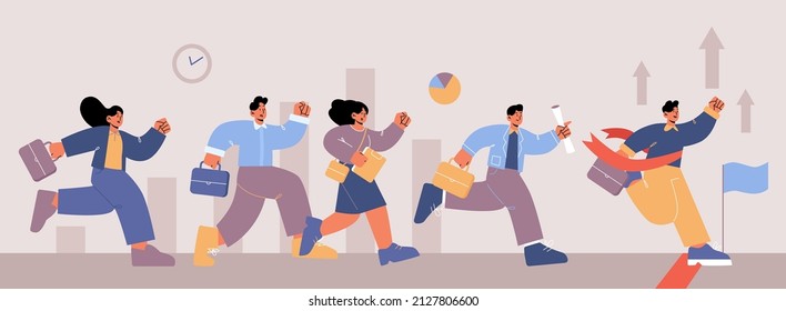 Business career competition with people race. Vector flat illustration of employee challenge, contest, compete with workers with briefcases run to finish line with red flag and one person win