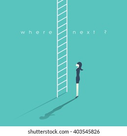 Business Career Concept With Businesswoman And Corporate Ladder. Work Promotion Symbol. Woman Standing At The Beginning Of A Career To Climb And Get Promotions. Eps10 Vector Illustration.