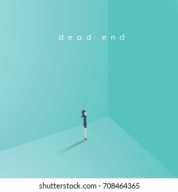 Business career dead end job vector concept. Businesswoman standing in corner as symbol of need for change, new opportunity, direction, challenge. Eps10 vector illustration.