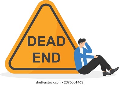 Business or career dead end, no solutions or other work around for business obstacle, risk of struggle at the same job for years concept, depressed businessman office worker stop at dead end road sign svg
