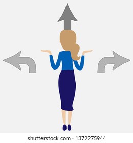 Business or career decision vector concept. Businesswoman standing at crossroads. Confused businesswoman stands at crossroads and thinks where to go.