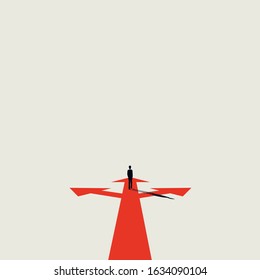 Business or career decision vector concept with businessman standing on crossroads. Symbol of motivation, ambition, opportunity and choice. Eps10 illustration.