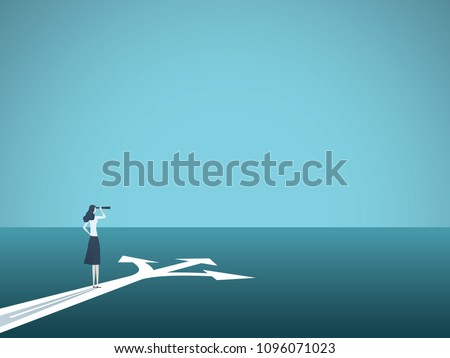 Business or career decision vector concept. Businesswoman standing at crossroads. Symbol of challenge, choice, change, new opportunity. Eps10 vector illustration.