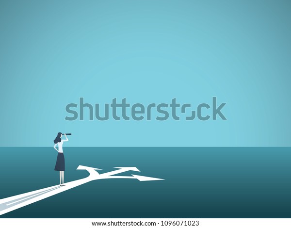 Business or career decision\
vector concept. Businesswoman standing at crossroads. Symbol of\
challenge, choice, change, new opportunity. Eps10 vector\
illustration.