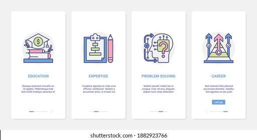 La carrera empresarial, la educación y la resolución de problemas ilustran los vectores. UX, UI onboarding página de aplicación móvil conjunto con símbolos educativos de línea, liderazgo de expertos en el cerebro, crecimiento de habilidades profesionales de líder