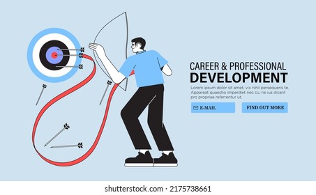 Business or career goals achievement or development concept. Businesspeople hitting target with arrow. Aim mission or challenge complete. Task solution. Cartoon flat vector illustration.