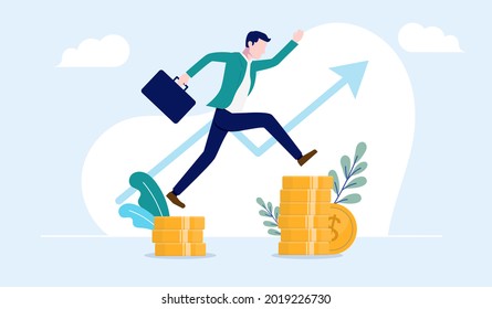 Business and career growth - Casual business man jumping on stack of money with rising arrow in background. Success concept, vector illustration