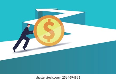 Business or career growth and challenges, investing to earn profits, traders pushing gold coins upwards along arrows