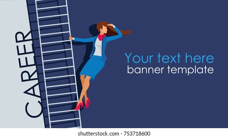Business career growth concept. Bussinesswoman standing at stairs steps. Vector ilustration.