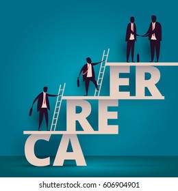 Business career growth concept. Manager employees or workers climbing up to get job. Staff or personnel persuit  in corporate company. Progress ladder businessmen challenge. a - Shutterstock ID 606904901