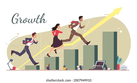 Business Career Growth Concept. Successful Business Team Man, Woman Running Up Rising Along Growing Bar Chart Diagram Stairs. Achieving Goals, Financial Success Competition Flat Vector Illustration