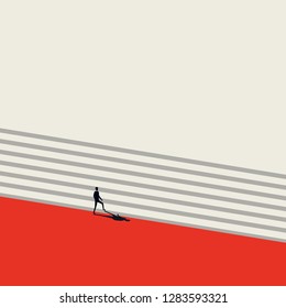 Business career growth and promotion vector concept in minimalist art style. Businessman walking up stairs. Symbol of progress, success, motivation, ambition and achievement. Eps10 vector illustration