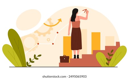 Business career growth, self management and planning, leadership. Tiny woman drawing arrow upwards with pencil, manager standing on ladder upstairs to professional success cartoon vector illustration