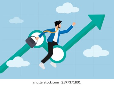 Business and Career Growth. Successful Person Flying with a Jetpack Above an Increasing Arrow Chart. Concept of Progress, Success, and Motivation in Business.