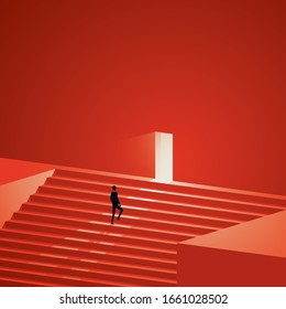 Business career growth vector concept. Symbol of promotion, new opportunity and challenge. Businessman or entrepreneur walking up stairs to door. Minimal art style. Eps10 illustration.