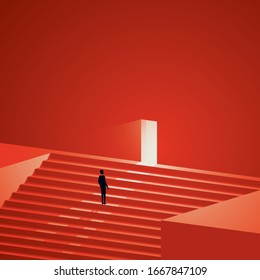 Business career growth vector concept. Symbol of promotion, new opportunity and challenge. Businessman or entrepreneur walking up stairs to door. Minimal art style. Eps10 illustration.