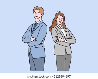 Business, career, job, concept. Young smiling confident business woman and man cartoon characters standing in the office. Hand drawn style vector illustration.