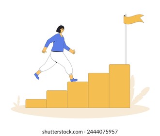 Escalera profesional de negocios. Mujer subiendo escaleras para alcanzar la meta. Motivación para el trabajo y el aprendizaje. logro. Ilustración plana de arte de línea de Vector