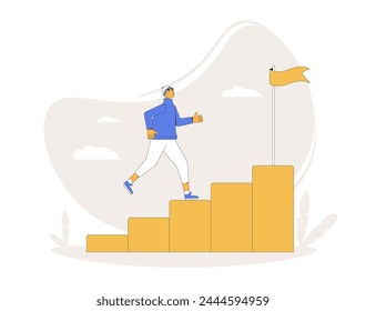 Business career ladder. Young man climbing up stairs to reach goal. Motivation for work and education achievement. Vector line art flat illustration