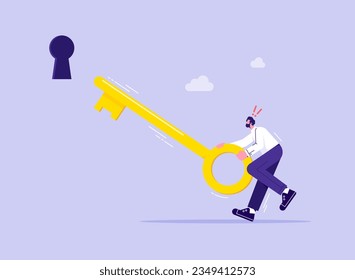 Business career opportunities and motivation concept, businessman try holding up a golden key to opening lock, symbolising success, strength and power