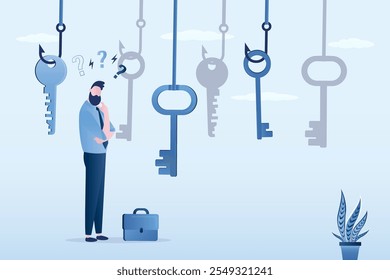 Oportunidades de carrera empresarial y concepto de motivación. Hombre inteligente pensando. Hombre de negocios tratan de tomar la llave para abrir la cerradura, simbolizando el éxito, la fuerza y el poder. Varias llaves en ganchos. Vector plano