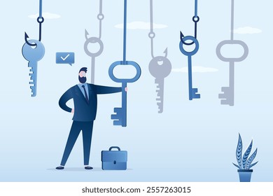 Business career opportunities and motivation concept. Smart man thinking. Businessman taking key to opening lock, symbolising success, strength and power. Various fake or bait keys on hooks. vector