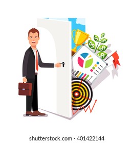 Business career opportunity concept. Opening door to world of entrepreneurship. Flat style vector illustration.